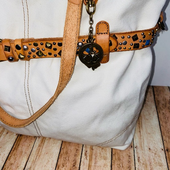 LUCKY BRAND Studs Belted Ivory 100% Cotton Large Tote Bag - Picture 3 of 6